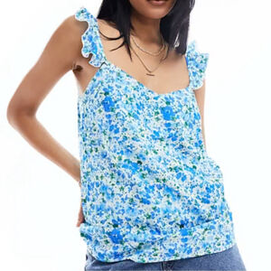 EILEEN WEST floral pajama top camisole 100% cotton button up ruffle straps blue